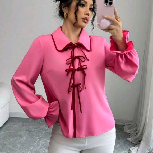 Tops - Pink Ruffle Cuff Bow Tie Blouse